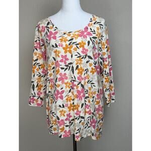 J.Jill Women's Plus Sz 1X Cream Floral Printed Top 100% Cotton 3/4 Sleeves